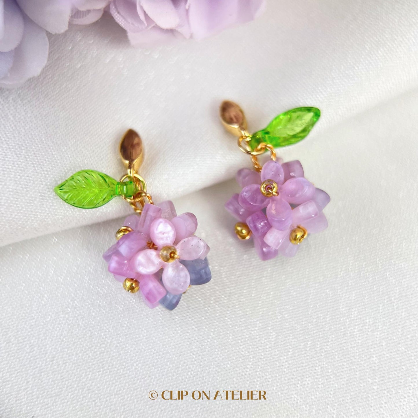 Clip On Earrings Hydrangea, Gold Drop Boho Fairy Blue Cute Floral Ear Clips, Non Pierced Ears No Piercing, Jewelry Gift For Her Flower Girl