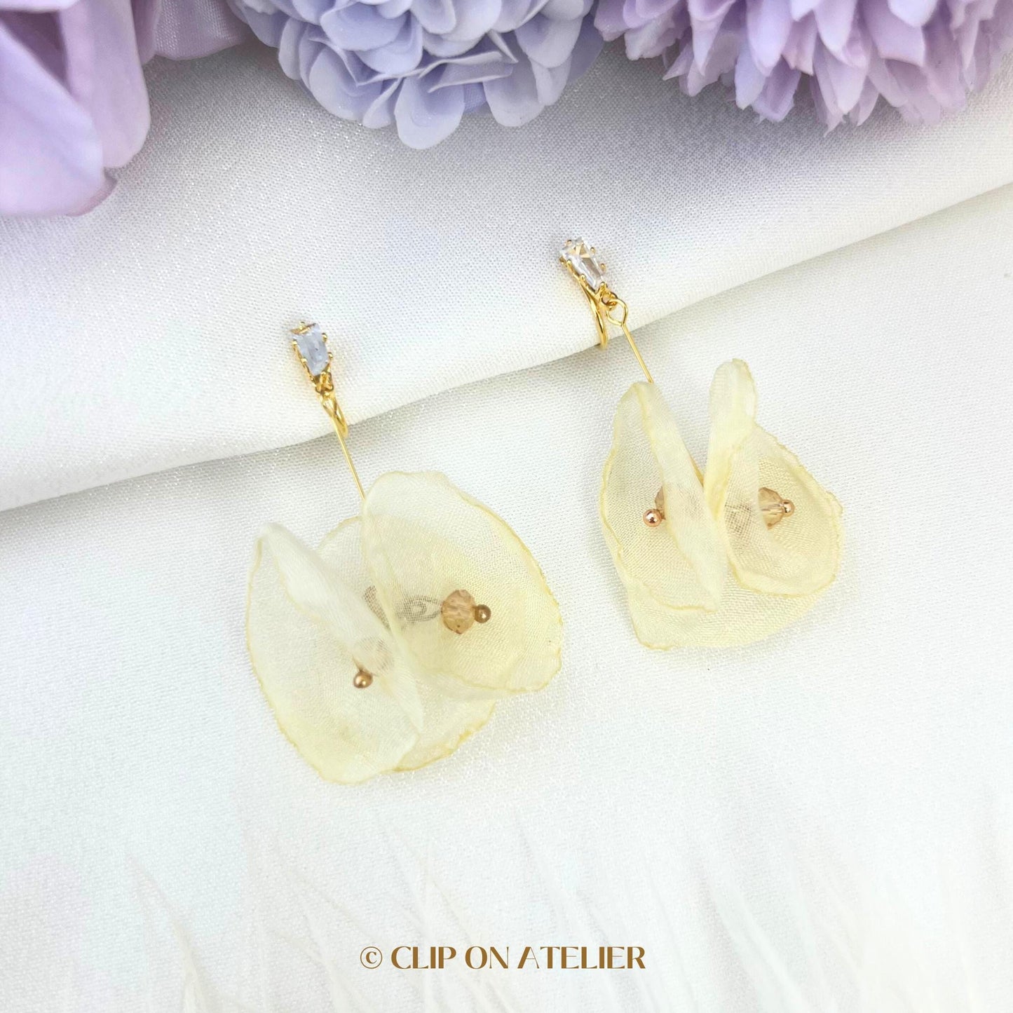 Fairy Sheer Fabric Flower Clip On Earrings