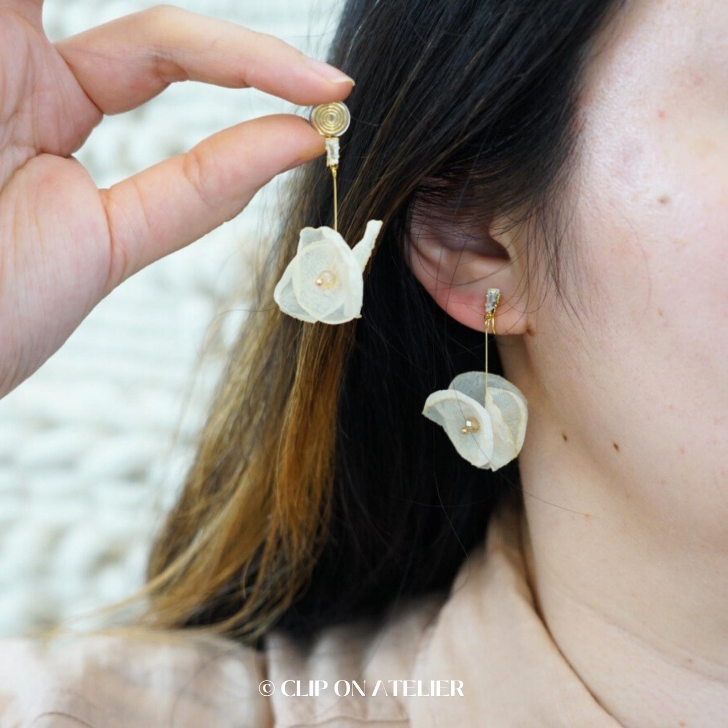 Fairy Sheer Fabric Flower Clip On Earrings
