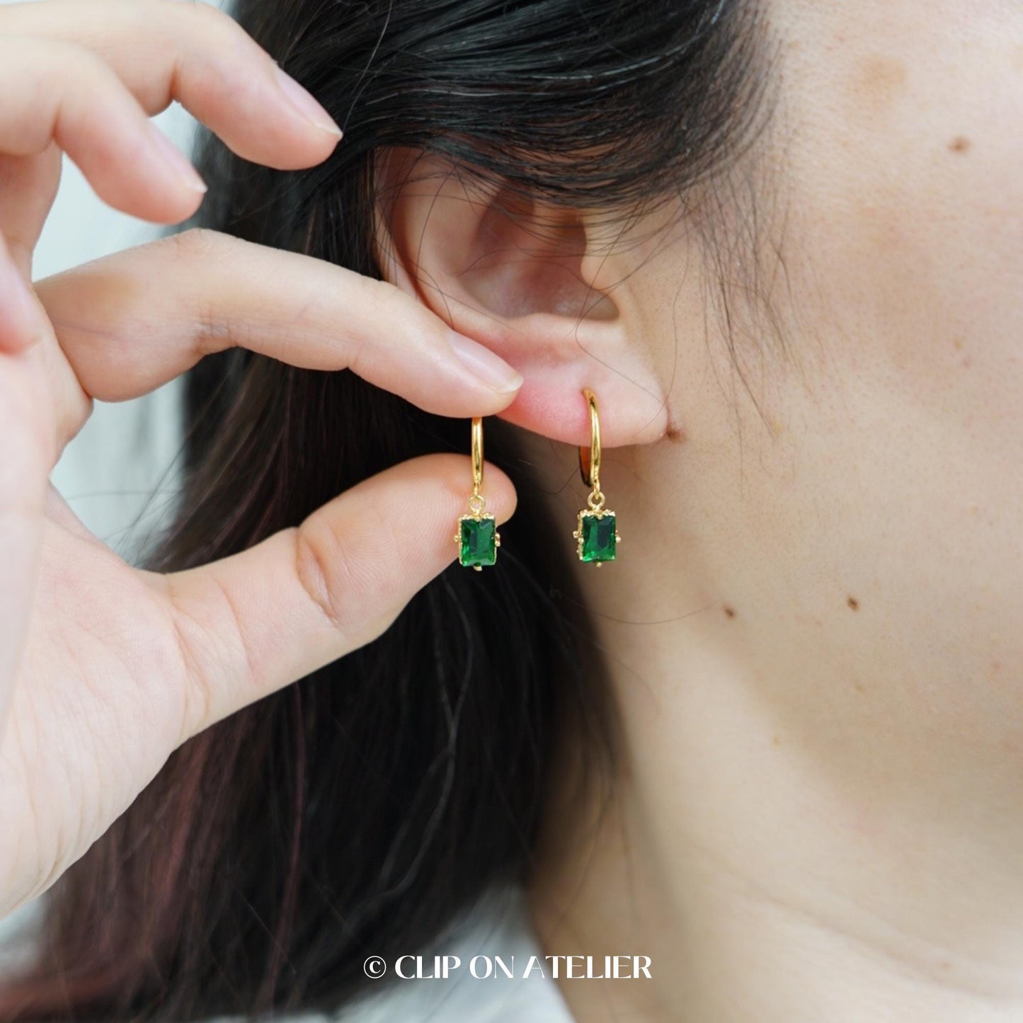 Clip On Earrings Minimalist Gold Hoop Emerald Green Baguette Huggies, Boho Ear Clips Non Pierced Ears No Piercing, Dainty Jewelry Gift Prom