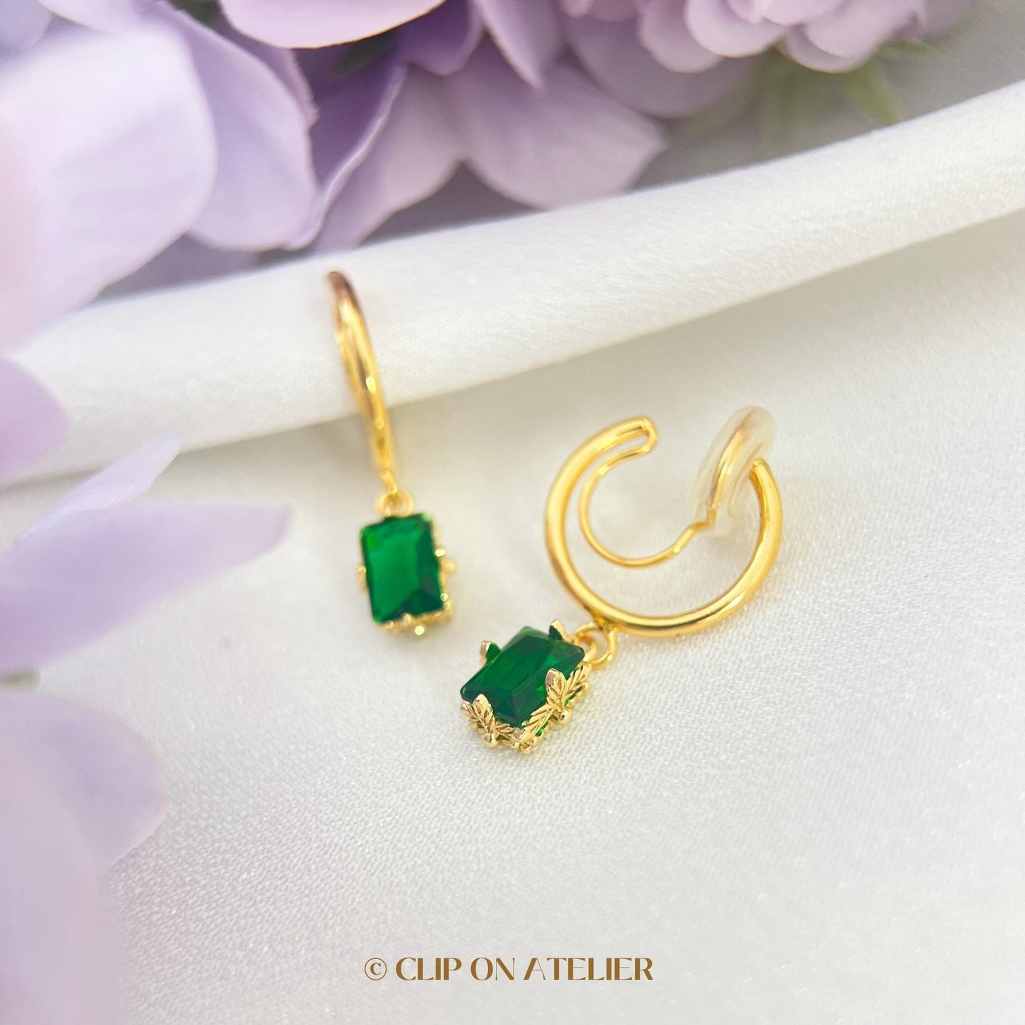 Clip On Earrings Minimalist Gold Hoop Emerald Green Baguette Huggies, Boho Ear Clips Non Pierced Ears No Piercing, Dainty Jewelry Gift Prom