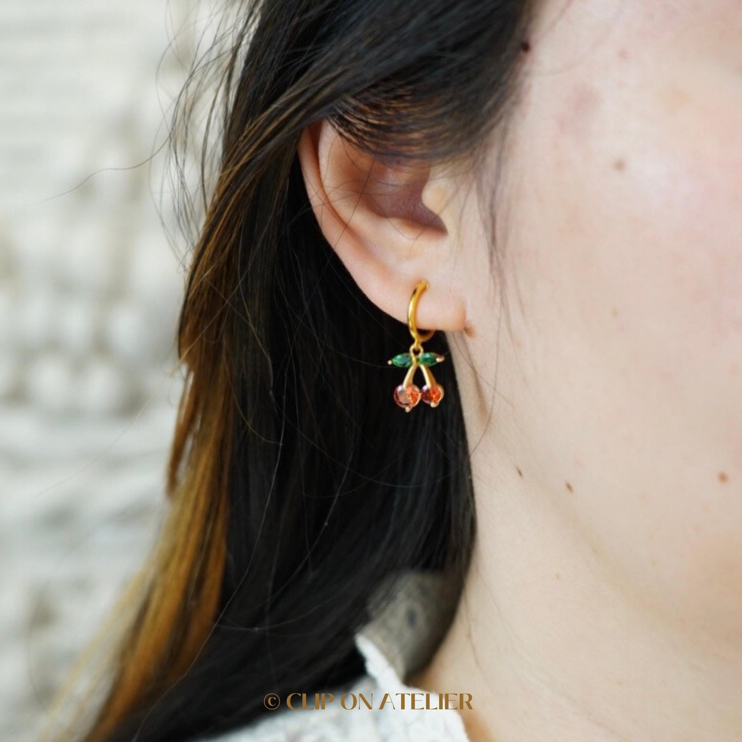 Cherry Gold Hoop Clip On Earrings