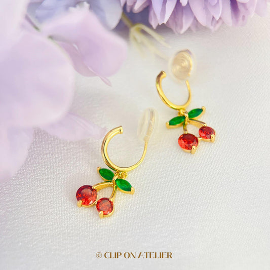 Cherry Gold Hoop Clip On Earrings