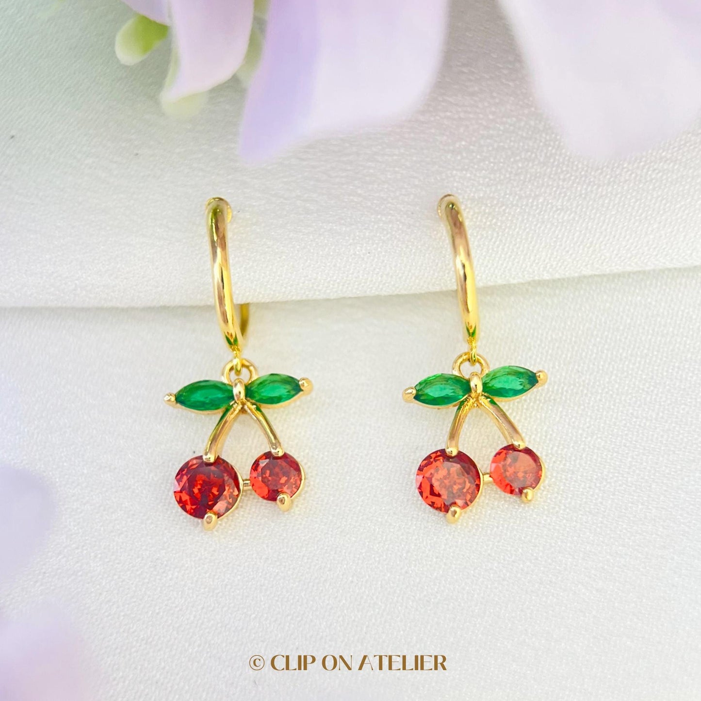 Cherry Gold Hoop Clip On Earrings