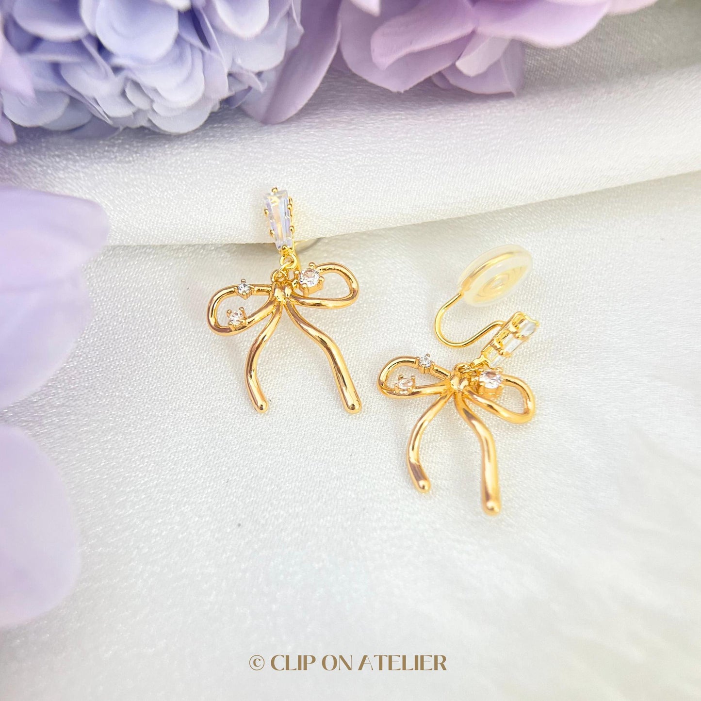 Clip On Earrings Gold Bow Minimalist Diamond Gold Hoop, Boho Drop Dangle Ear Clips Non Pierced Ears No Piercing, Dainty Jewelry Gift for Her