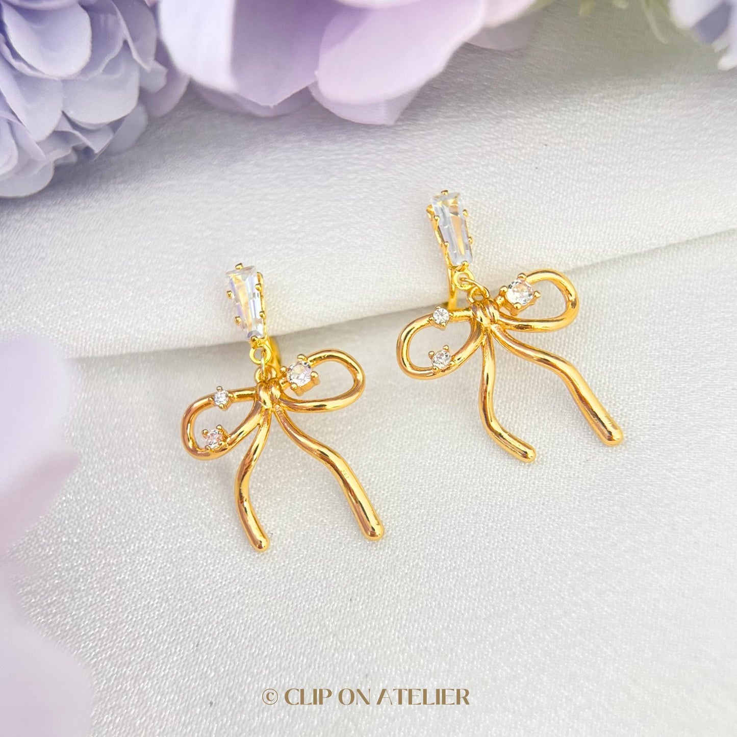 Clip On Earrings Gold Bow Minimalist Diamond Gold Hoop, Boho Drop Dangle Ear Clips Non Pierced Ears No Piercing, Dainty Jewelry Gift for Her