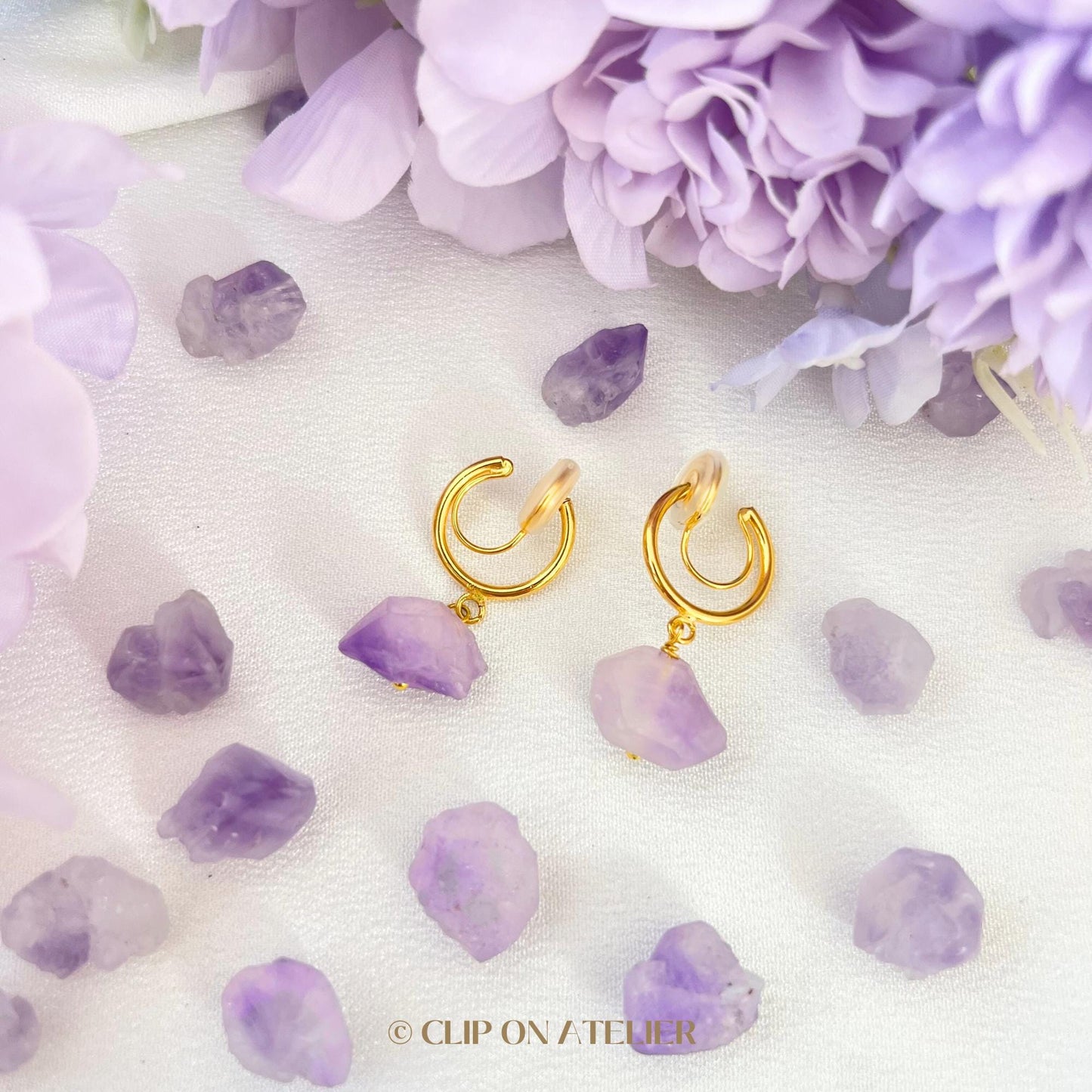Gold Hoop Gemstone Clip On Earrings:  Raw Amethyst, Dangle Boho Fairy Style, Non Pierced Ears