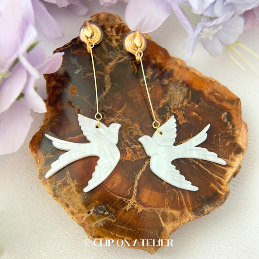 Fairy White Dove Bird Clip On Earrings