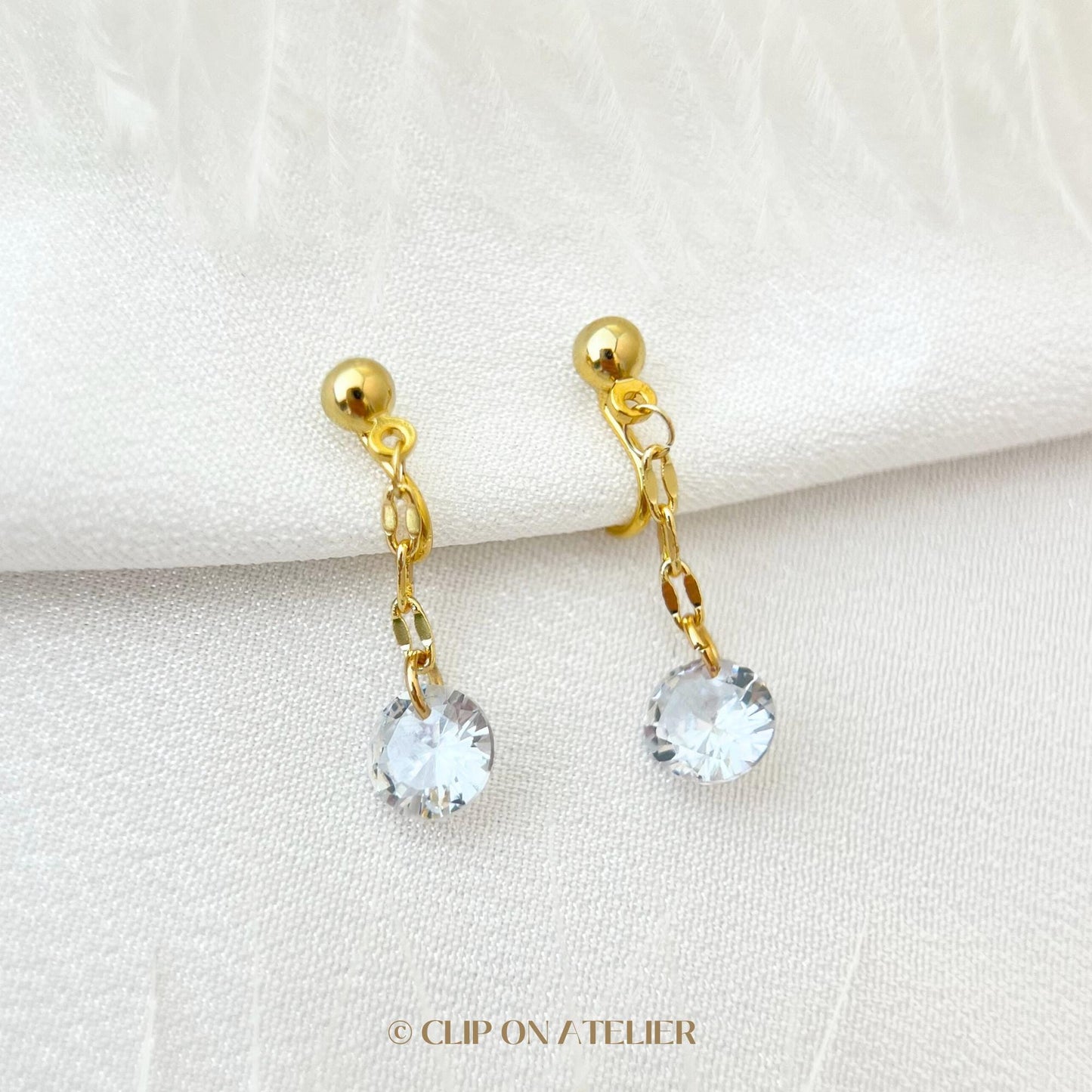 Clip On Earrings Gold Minimalist CZ Diamond Dangle | Non Pierced Ears Painless | Dainty Classy Bridal Ear Clips Wedding Jewelry Gift For Her