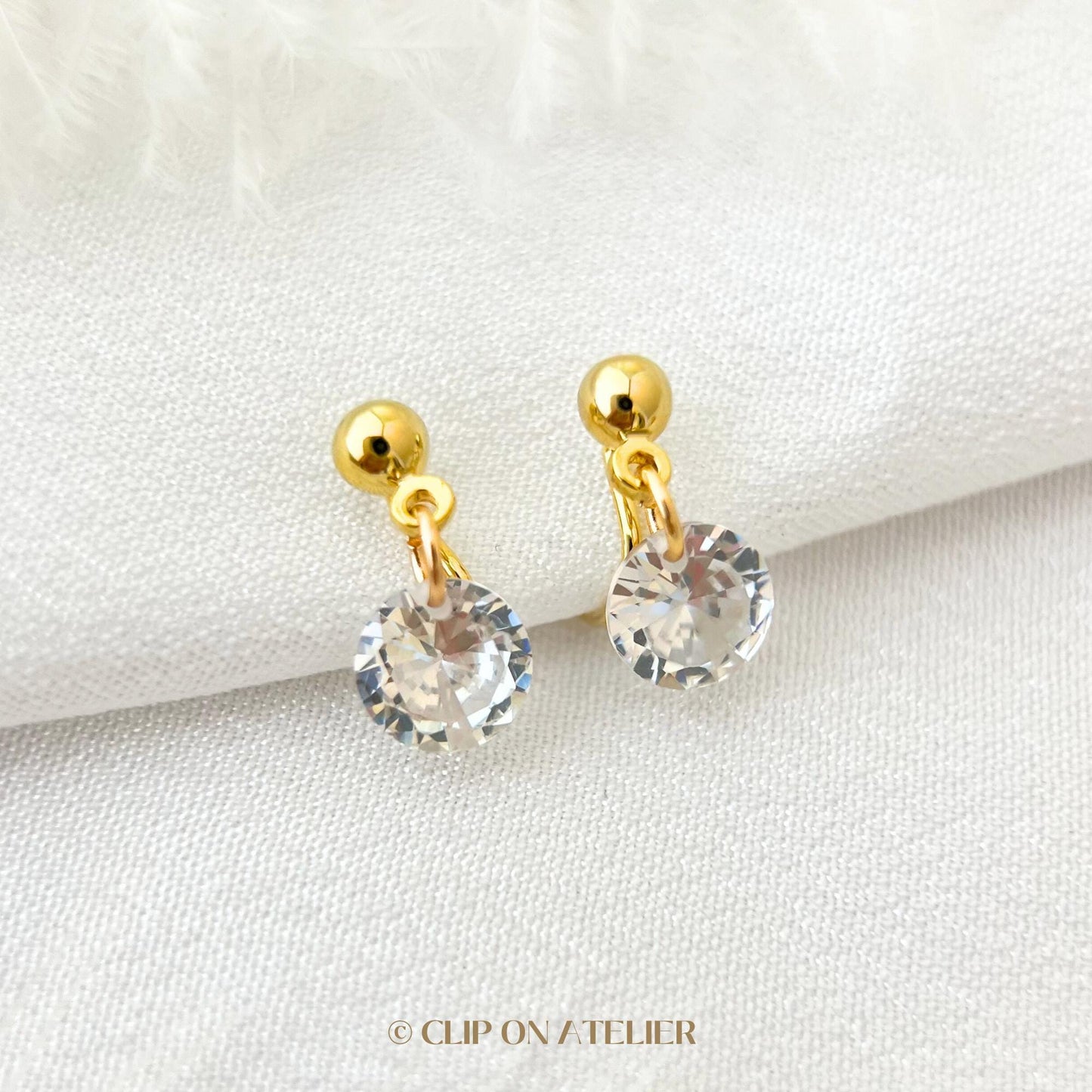 Clip On Earrings Gold Minimalist CZ Diamond Dangle | Non Pierced Ears Painless | Dainty Classy Bridal Ear Clips Wedding Jewelry Gift For Her