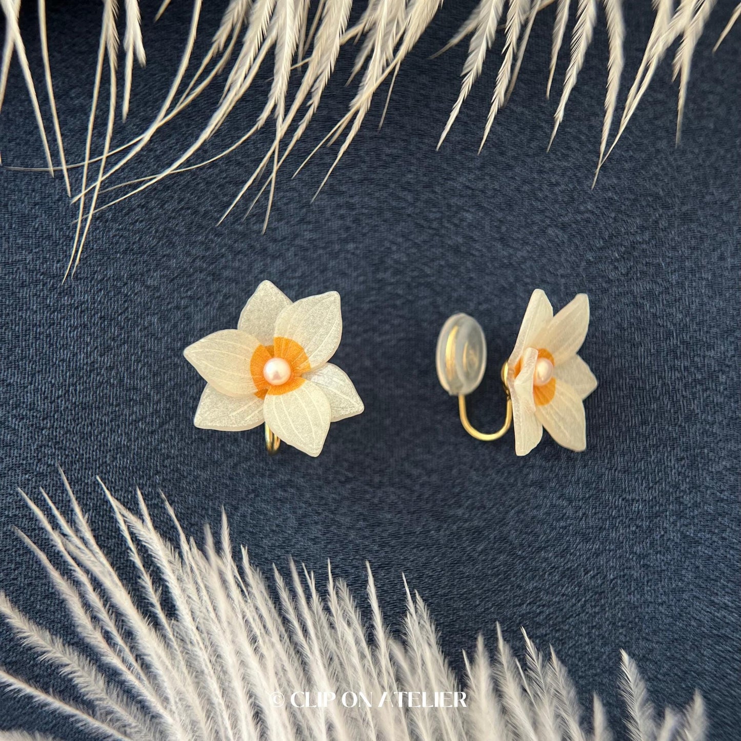White Daffodils Narcissus Clip On Earrings