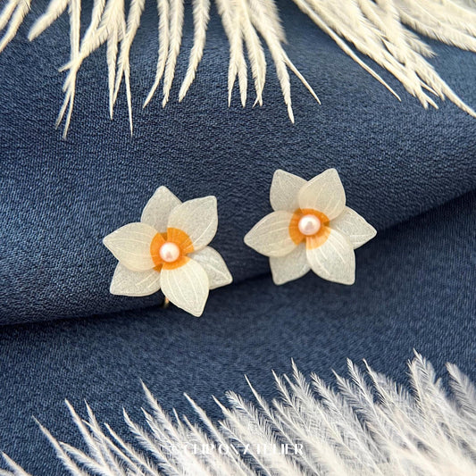 White Daffodils Narcissus Clip On Earrings