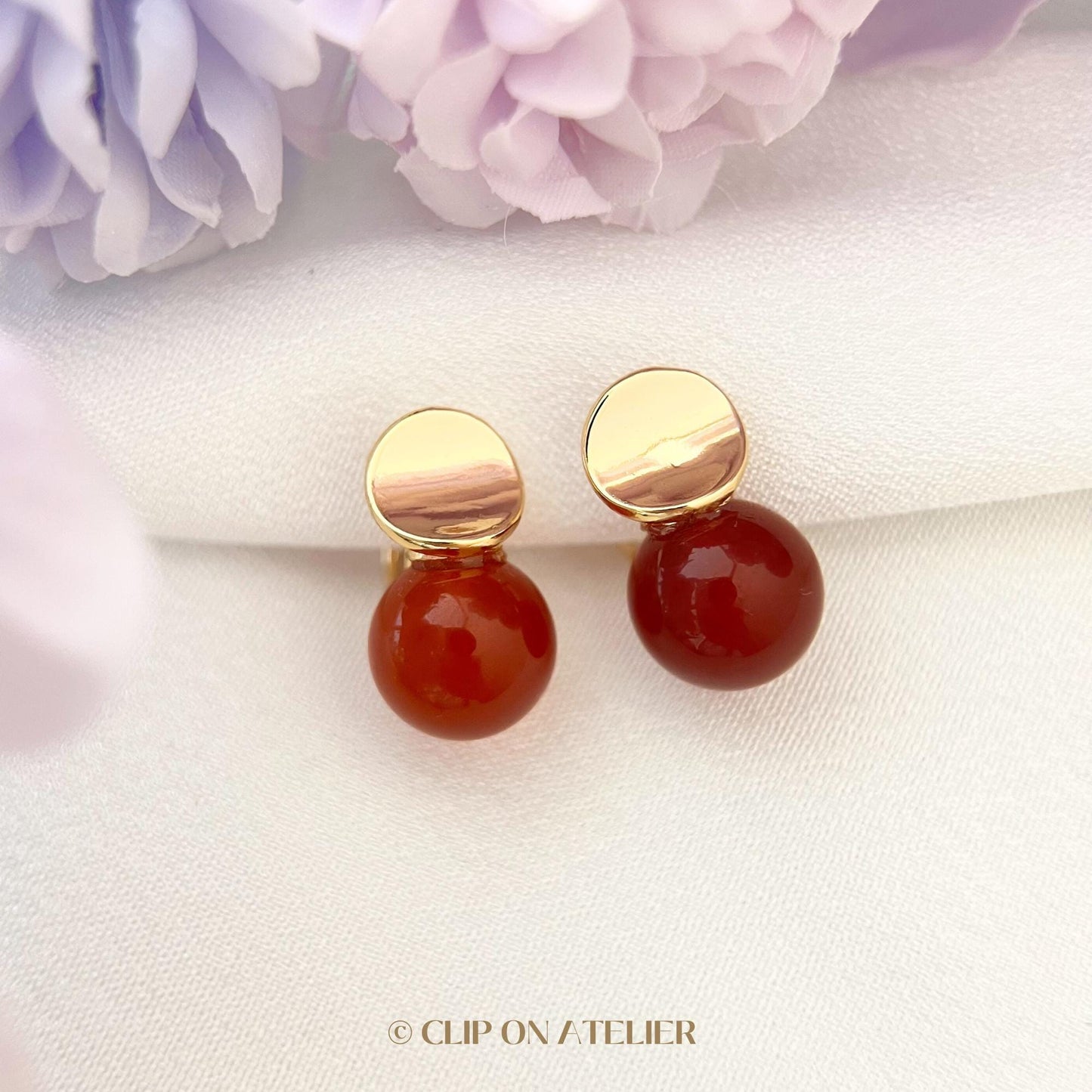 Clip On Earrings Minimalist Gold Green Gemstone Red Agate Amthyst | Dainty Boho Ear Clips No Pierced Ears | Crystal Jewelry Gift for Her Mom