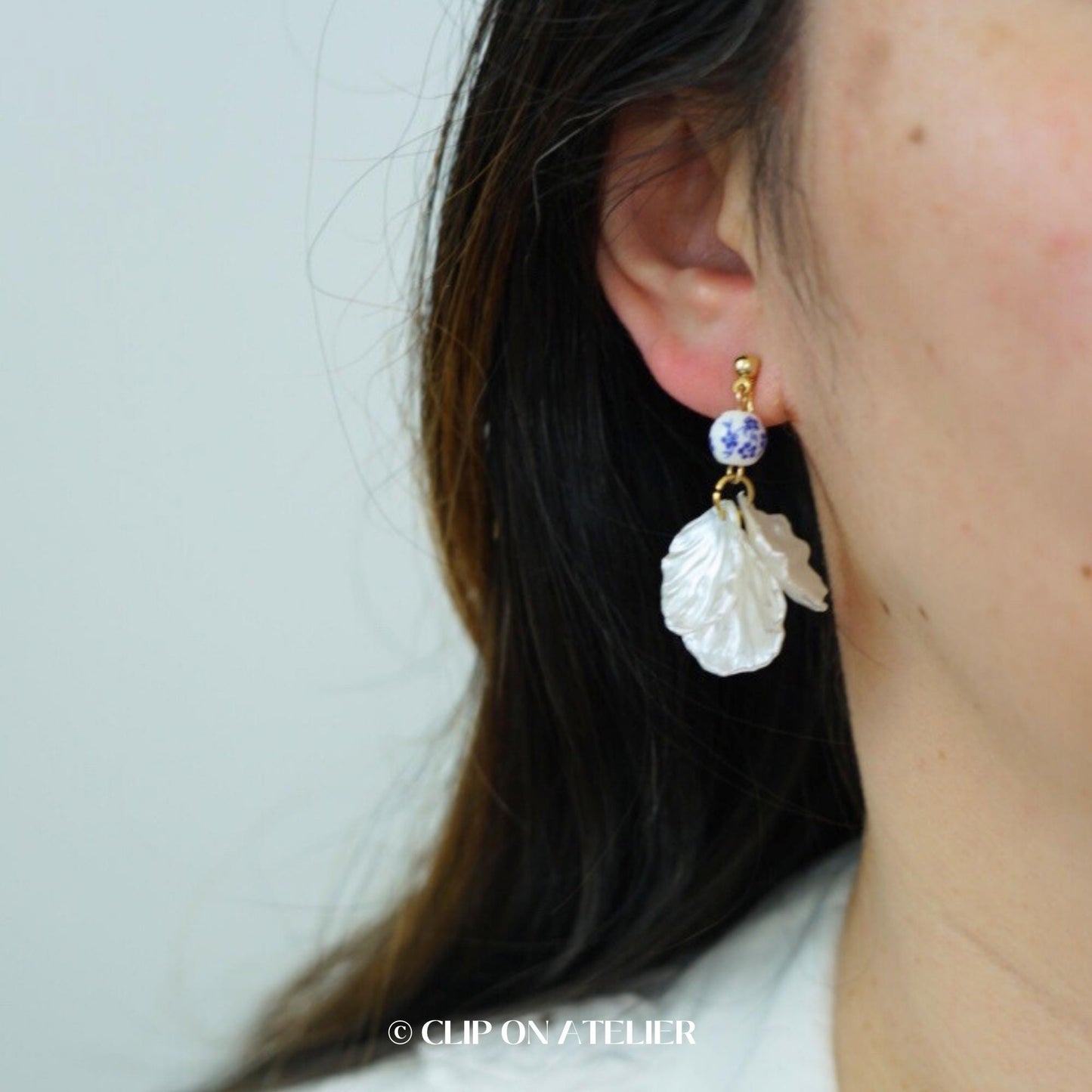 Blue Porcelain Pearl White Petals Clip On Earrings