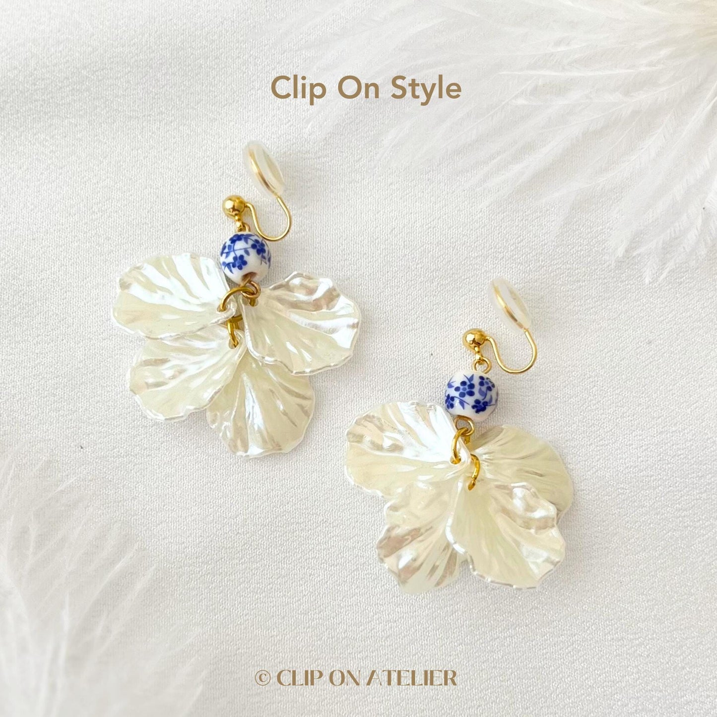 Blue Porcelain Pearl White Petals Clip On Earrings