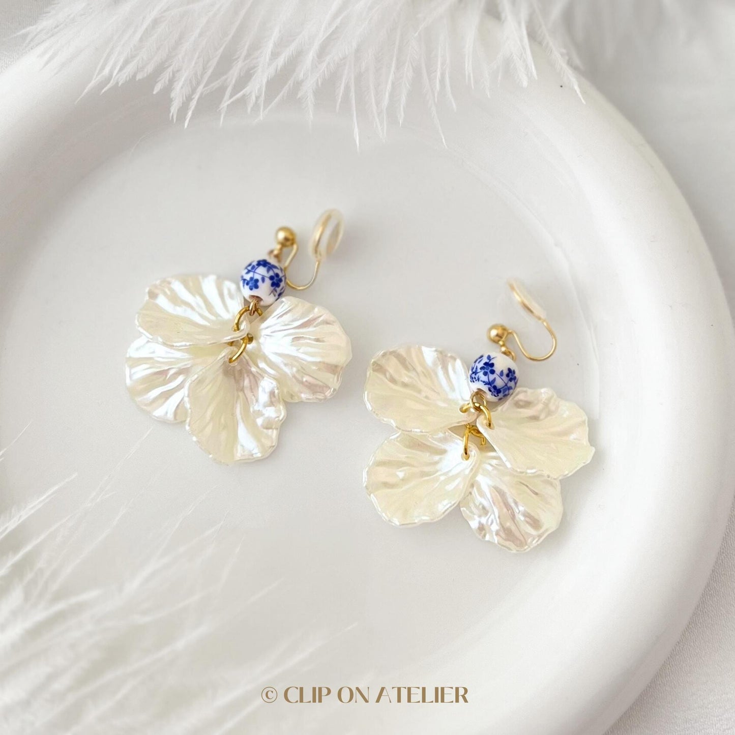 Blue Porcelain Pearl White Petals Clip On Earrings