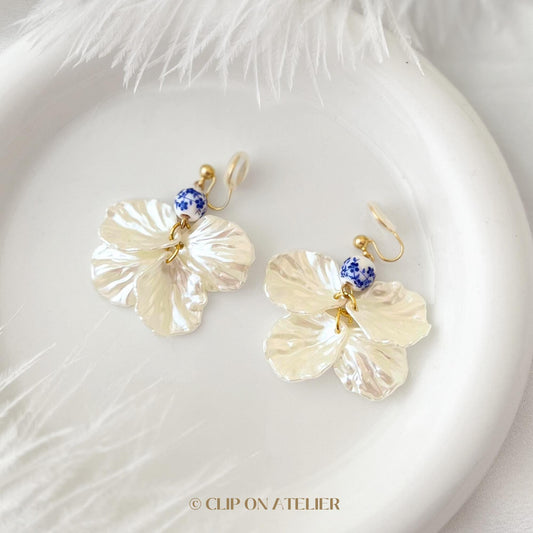 Blue Porcelain Pearl White Petals Clip On Earrings