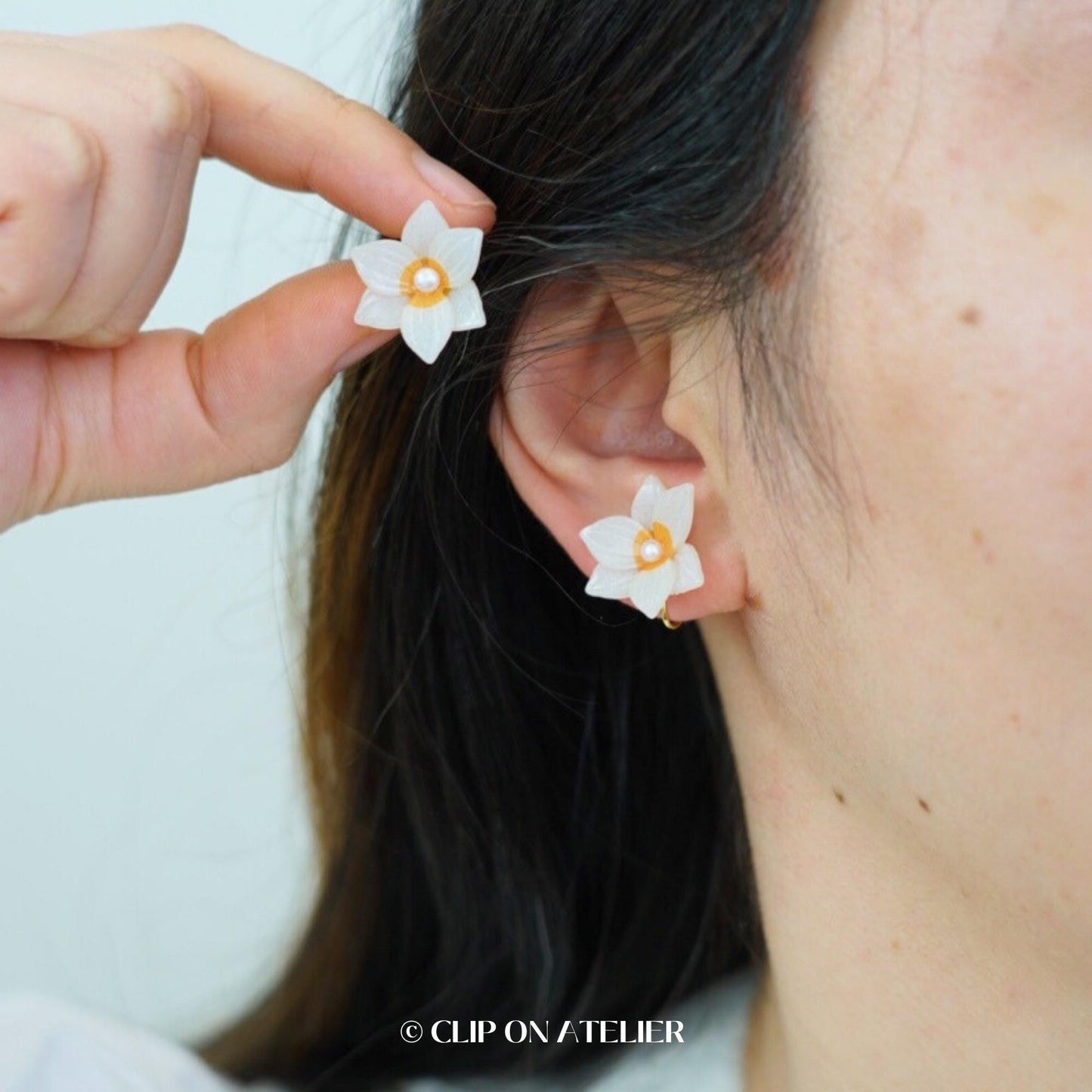 White Daffodils Narcissus Clip On Earrings