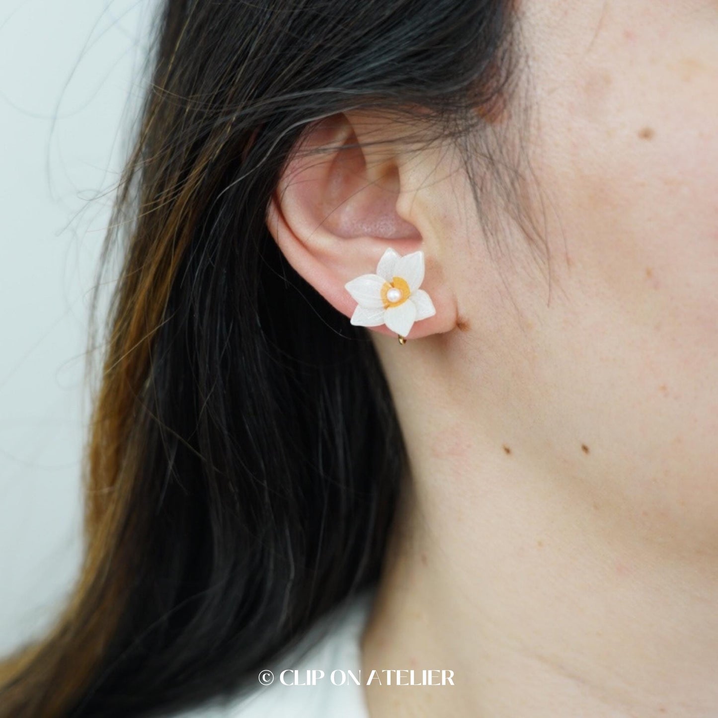 White Daffodils Narcissus Clip On Earrings
