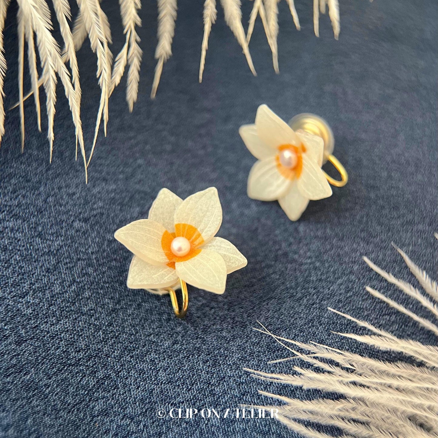 White Daffodils Narcissus Clip On Earrings