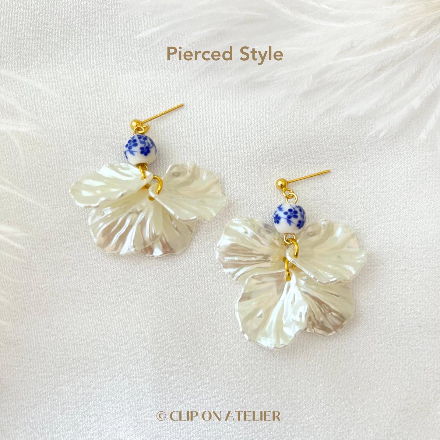 Blue Porcelain Pearl White Petals Clip On Earrings