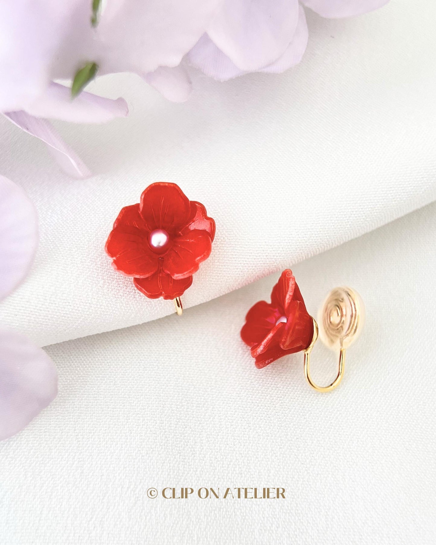 Dainty Red Camellia Pearl Clip On Earrings