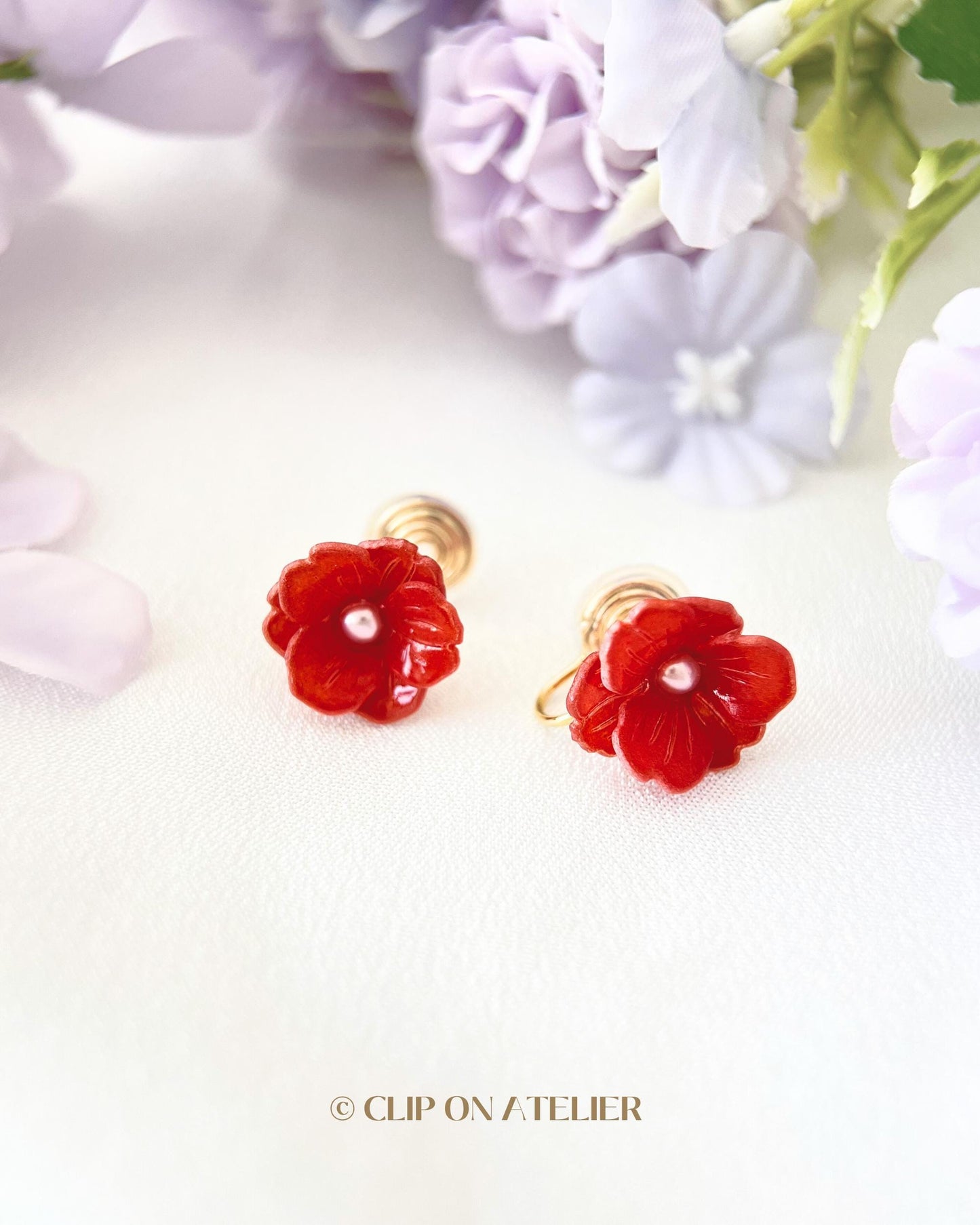 Dainty Red Camellia Pearl Clip On Earrings