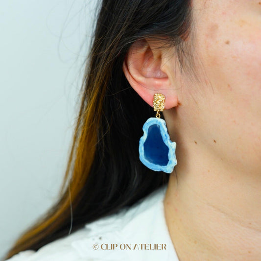 Invisible Clip On Earrings Gold Statement Minimalist Large Blue Resin, Dainty Boho Drop Earrings, Non Pierced Ears, Jewelry Gift For Her