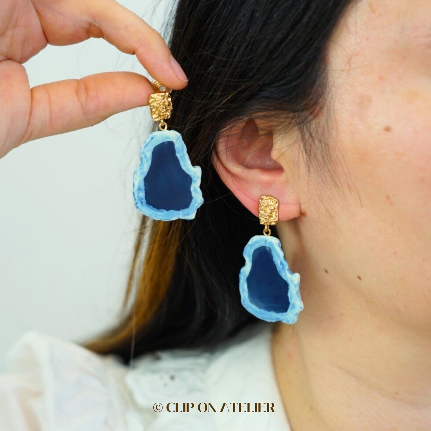 Invisible Clip On Earrings Gold Statement Minimalist Large Blue Resin, Dainty Boho Drop Earrings, Non Pierced Ears, Jewelry Gift For Her