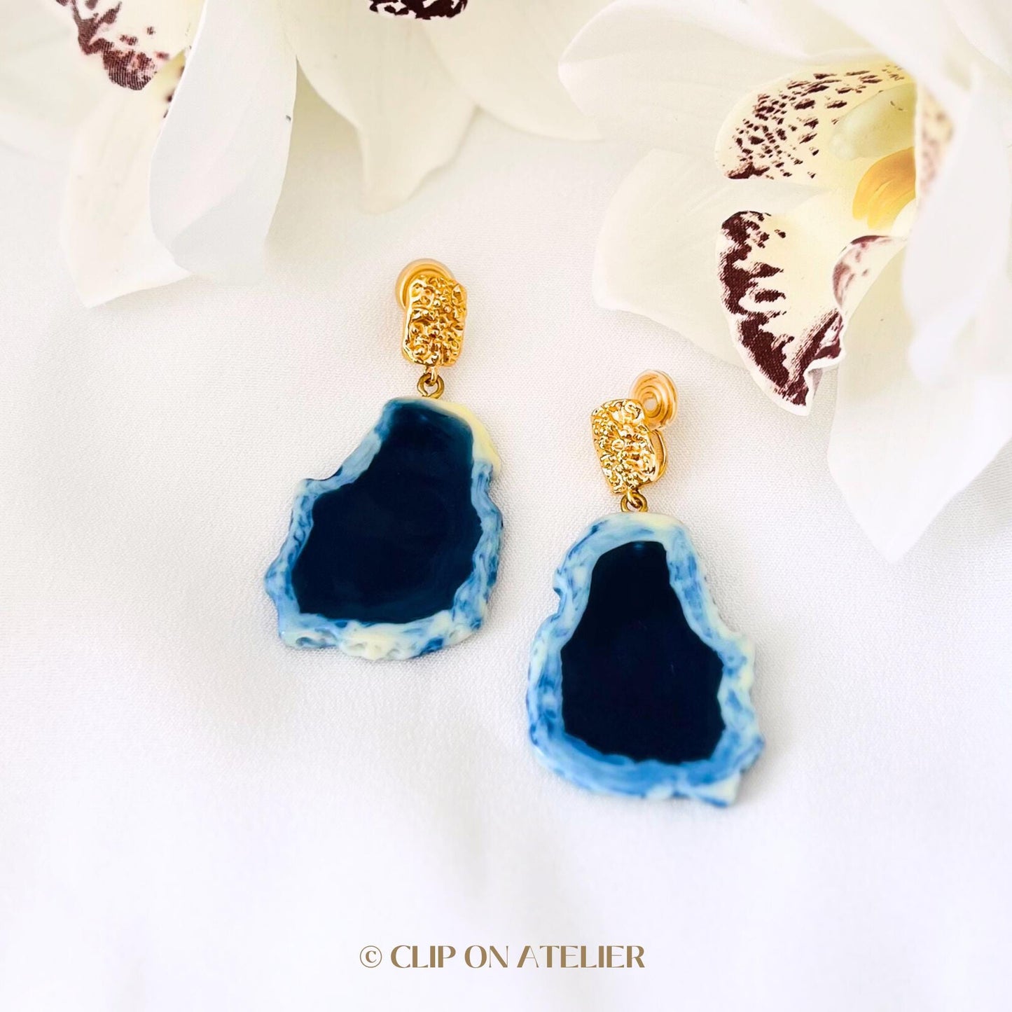 Invisible Clip On Earrings Gold Statement Minimalist Large Blue Resin, Dainty Boho Drop Earrings, Non Pierced Ears, Jewelry Gift For Her