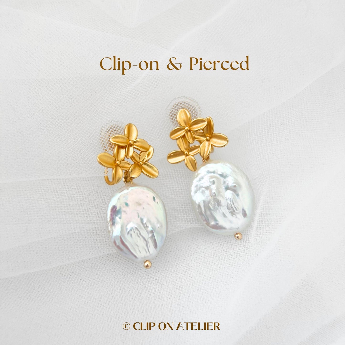 Natural Pearl Clip On Earrings Gold Flower Minimalist Dainty Bridal Drop Earrings, Non Pierced Ears, Boho Wedding Jewelry Bridemaid Gifts