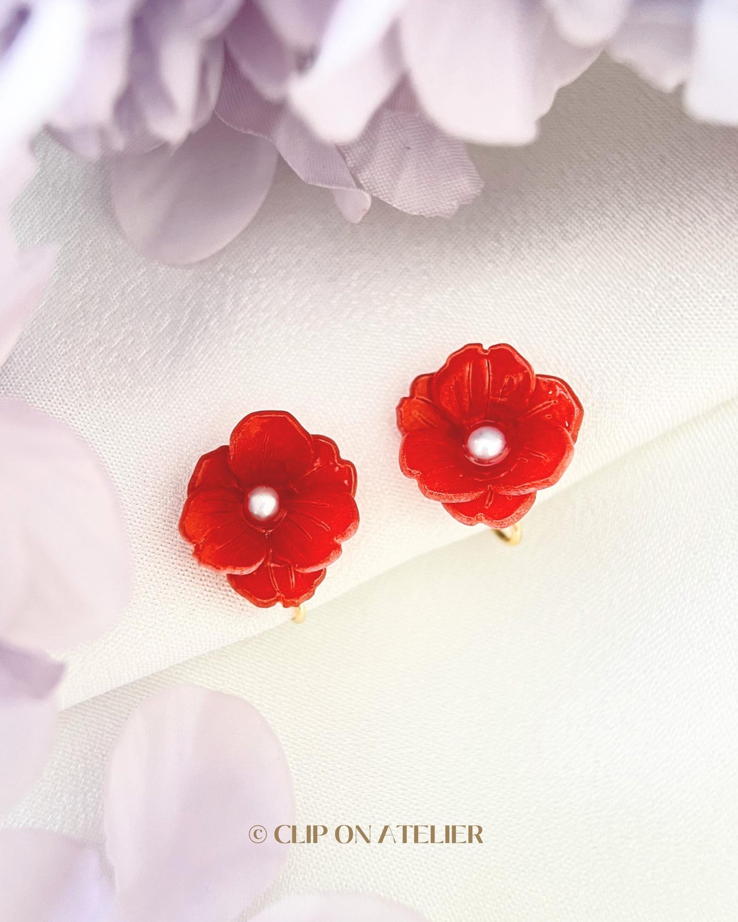 Dainty Red Camellia Pearl Clip On Earrings