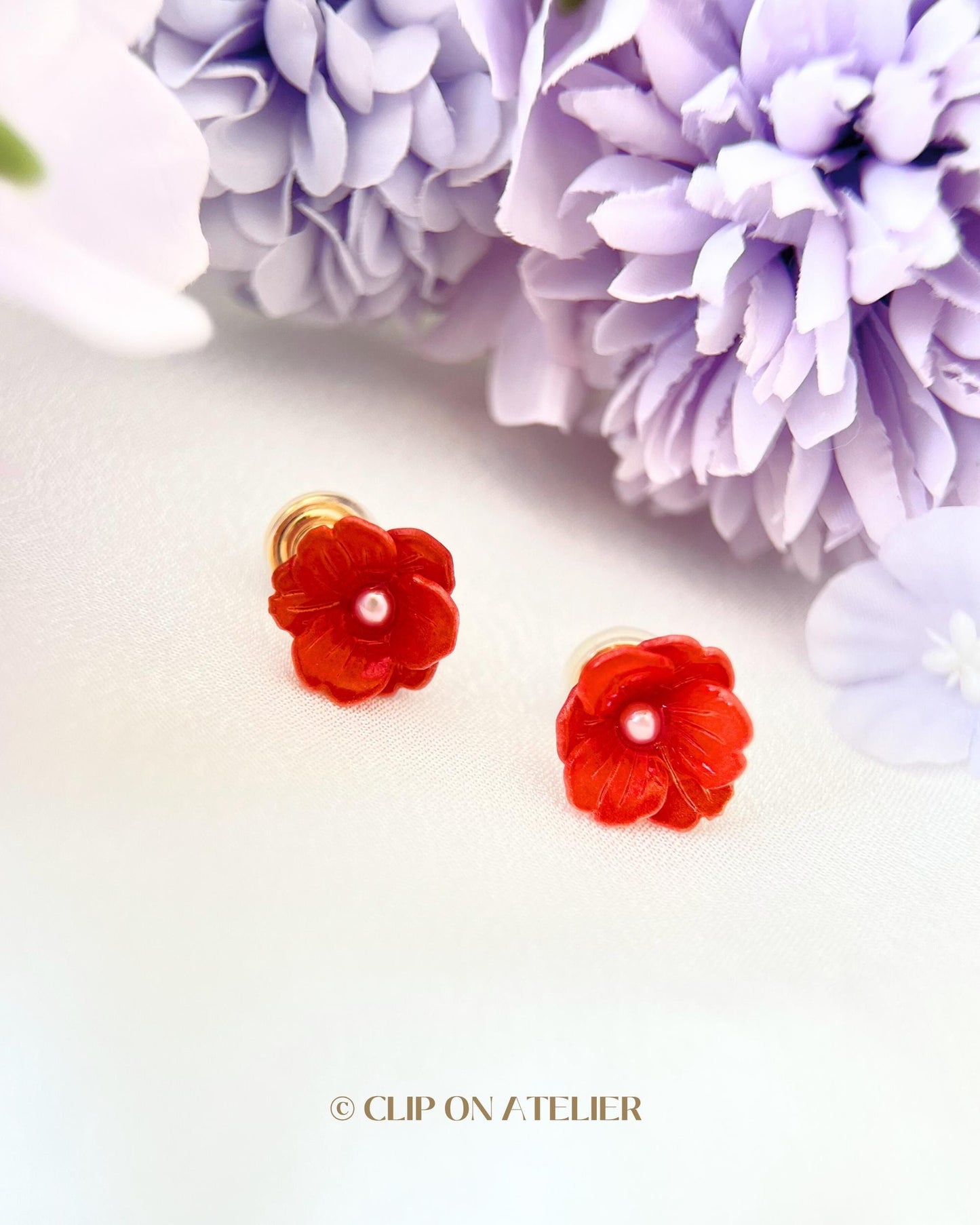 Dainty Red Camellia Pearl Clip On Earrings
