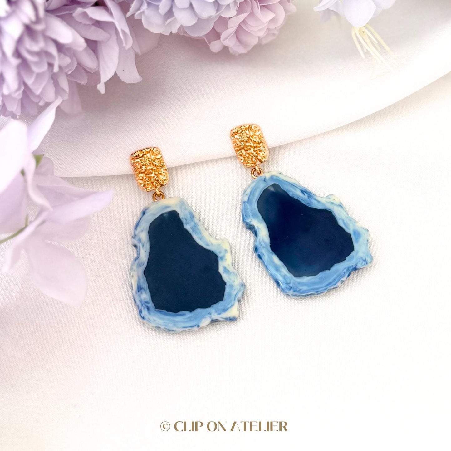 Invisible Clip On Earrings Gold Statement Minimalist Large Blue Resin, Dainty Boho Drop Earrings, Non Pierced Ears, Jewelry Gift For Her