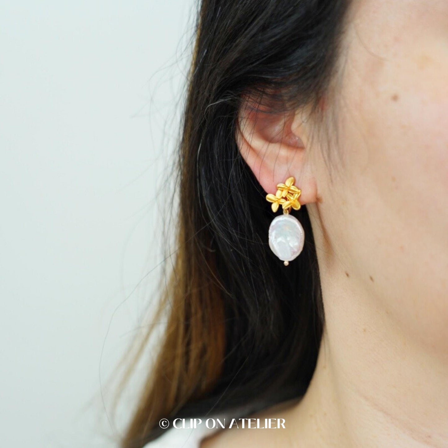 Natural Pearl Clip On Earrings Gold Flower Minimalist Dainty Bridal Drop Earrings, Non Pierced Ears, Boho Wedding Jewelry Bridemaid Gifts