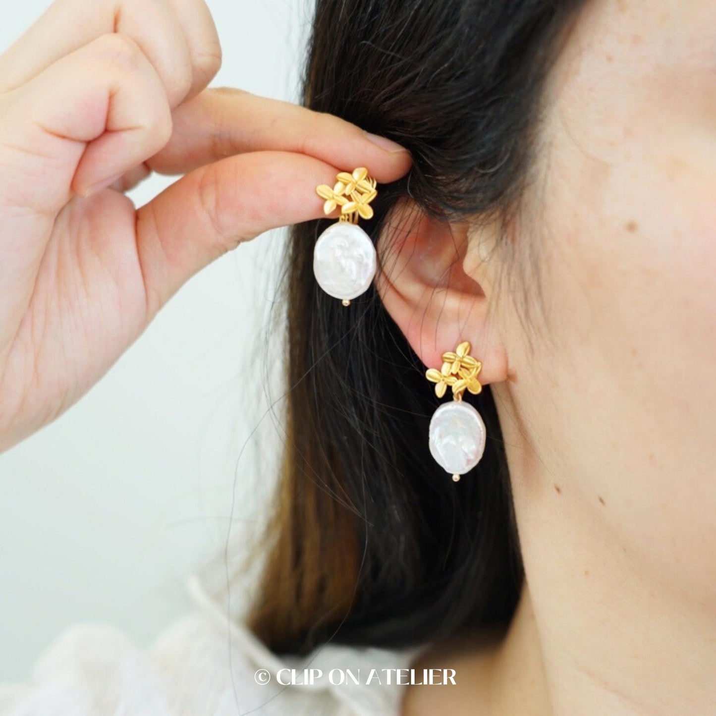 Natural Pearl Clip On Earrings Gold Flower Minimalist Dainty Bridal Drop Earrings, Non Pierced Ears, Boho Wedding Jewelry Bridemaid Gifts