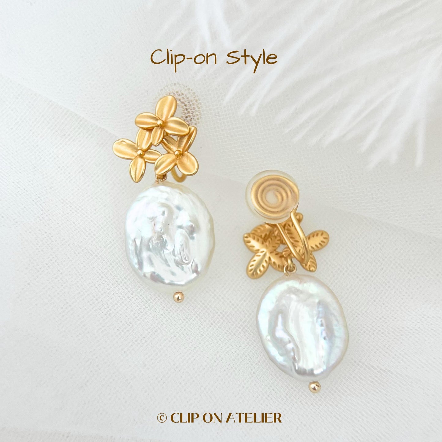 Natural Pearl Clip On Earrings Gold Flower Minimalist Dainty Bridal Drop Earrings, Non Pierced Ears, Boho Wedding Jewelry Bridemaid Gifts