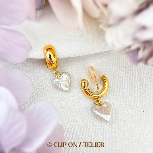 Clip On Earrings Pearl Heart Love Gold Hoop Minimalist Huggies Dainty Bridal Drop Earrings, Non Pierced Ears, Boho Bridemaid Gifts Birthday
