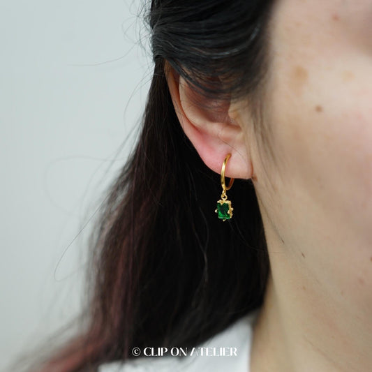 Clip On Earrings Minimalist Gold Hoop Emerald Green Baguette Huggies, Boho Ear Clips Non Pierced Ears No Piercing, Dainty Jewelry Gift Prom