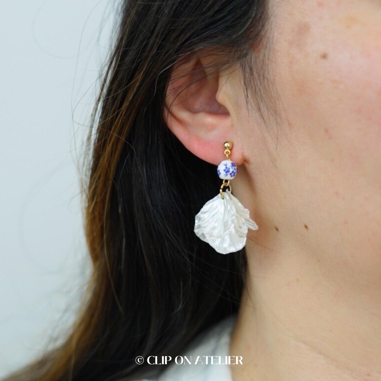 Blue Porcelain Pearl White Petals Clip On Earrings