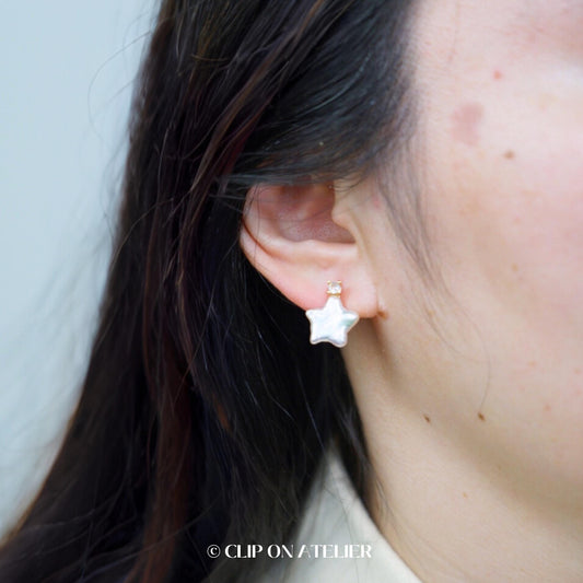 Clip On Earrings Pearl Star Gold Dainty Minimalist Diamond Bridal Ear Clips, No Piercing Non Pierced Ears, Boho Jewelry Gift For Her