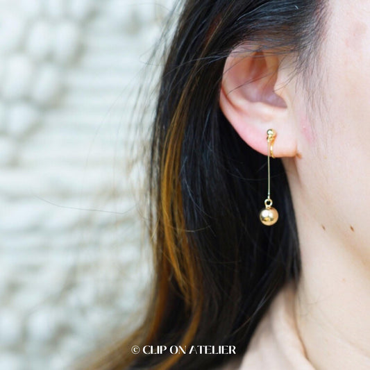 Clip On Earrings Gold Minimalist Dangle Drop Earring, Classy Dainty Ball Ear Clips, Non Pierced Ears, Christmas Jewelry Gift For Her Mom GF