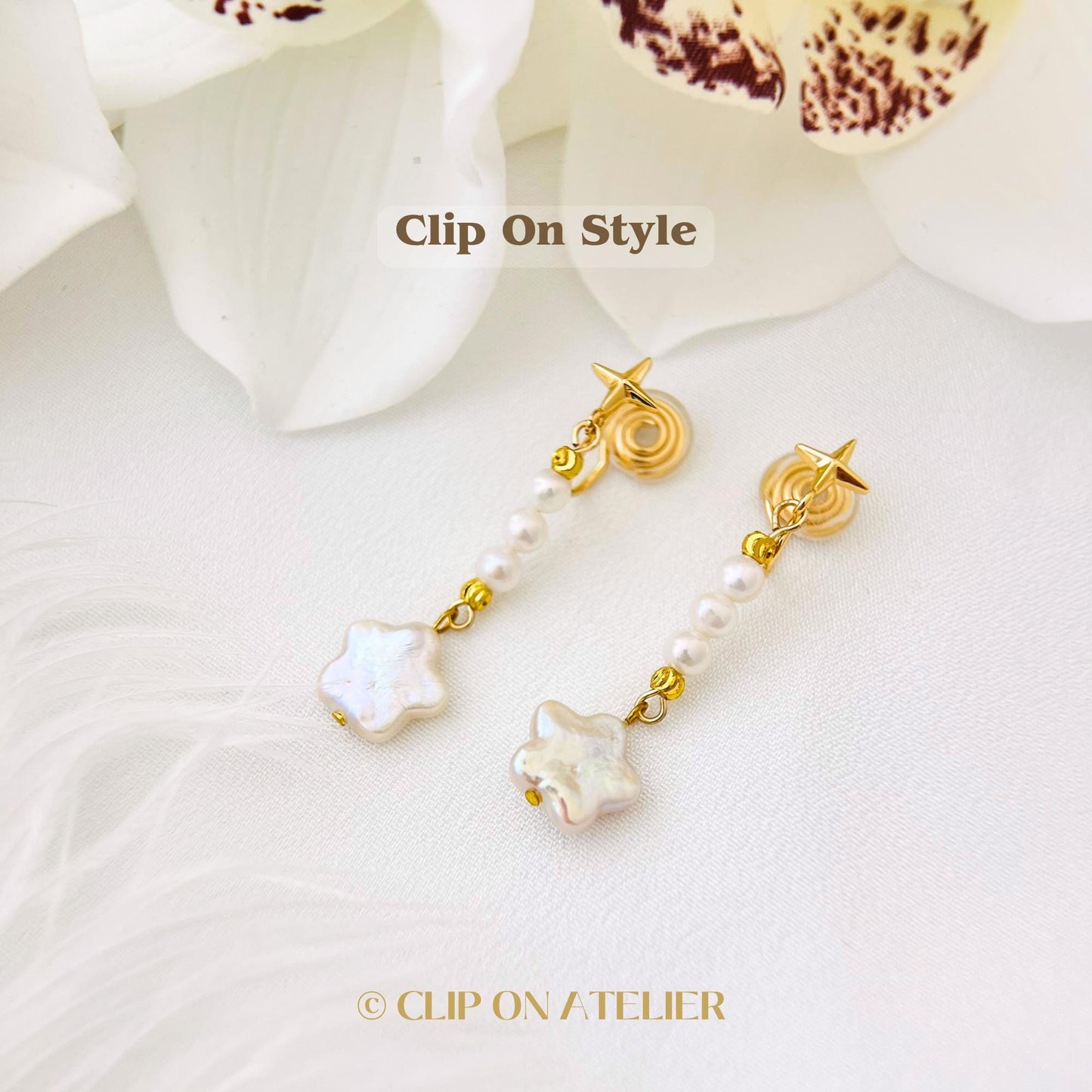Clip On Earrings Pearl Star Gold Minimalist Bridal Drop Dangle Earrings Celestial Dainty Ear Clips, Non Pierced Ears, Boho Bridemaid Gifts