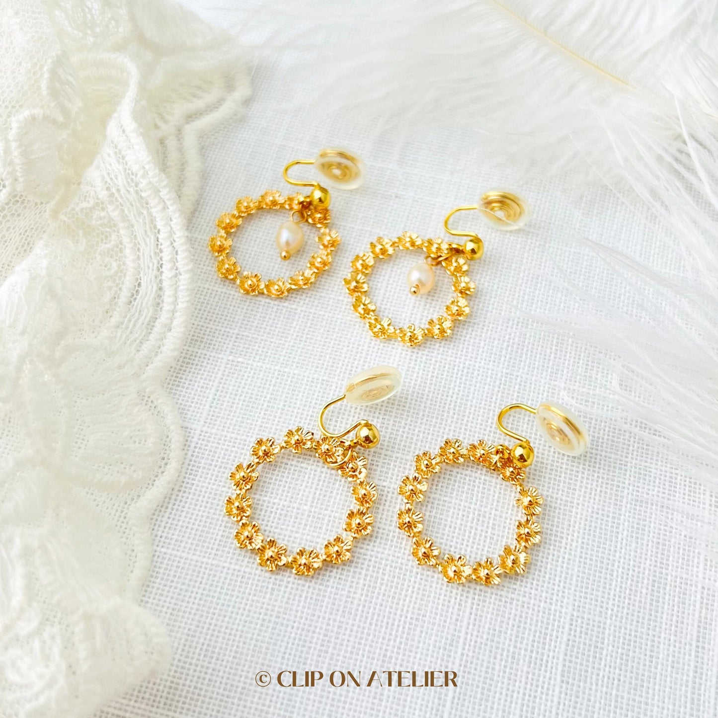 Clip On Earrings Minimalist Gold Hoop Boho Flower Wreath Pearl, Non Pierced Ears No Piercing, Dainty Ear Clips Jewelry Gift Birthday Bridal