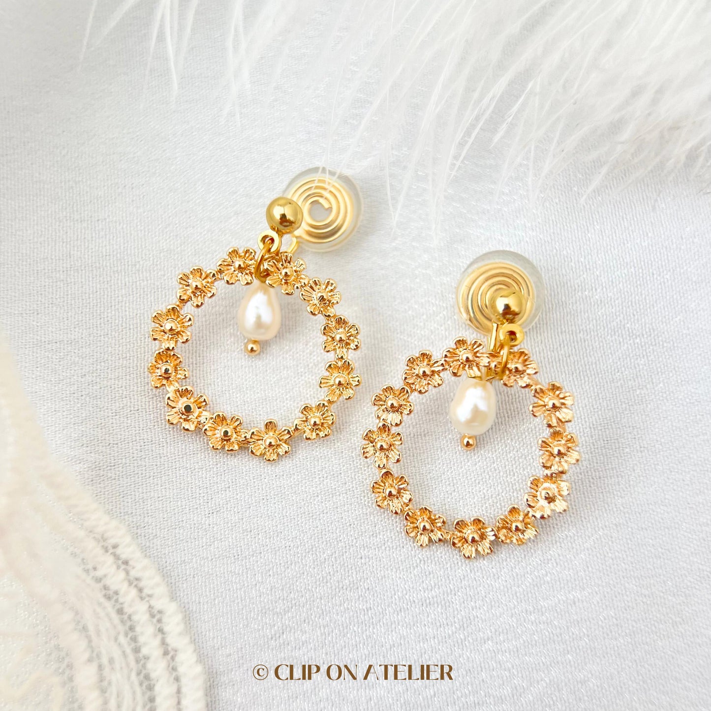 Clip On Earrings Minimalist Gold Hoop Boho Flower Wreath Pearl, Non Pierced Ears No Piercing, Dainty Ear Clips Jewelry Gift Birthday Bridal