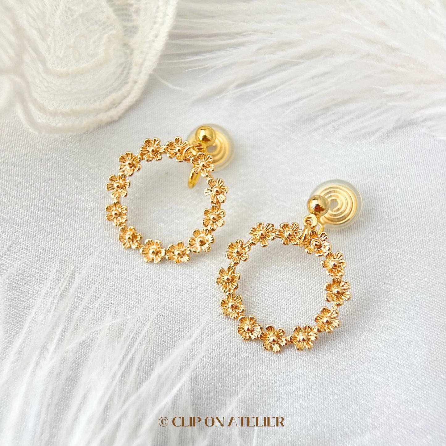 Clip On Earrings Minimalist Gold Hoop Boho Flower Wreath Pearl, Non Pierced Ears No Piercing, Dainty Ear Clips Jewelry Gift Birthday Bridal