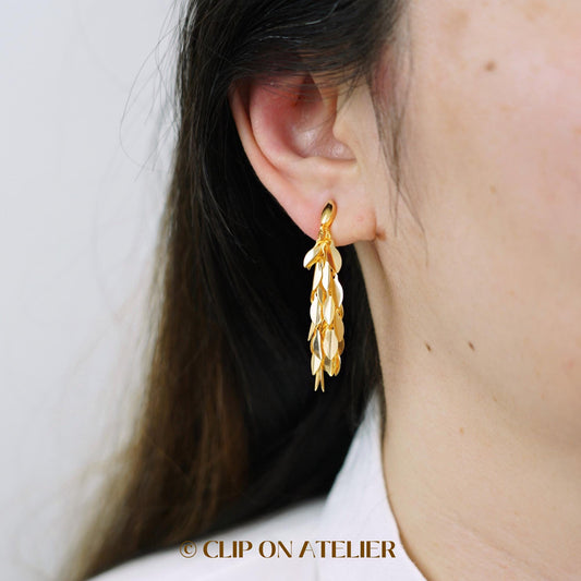 Clip On Earrings Gold Leaf Minimalist Tassel Chain Hoops Huggie Ear Clips Boho Ear Threader | Non Pierced Ears | Pain Free Coil Jewelry Gift