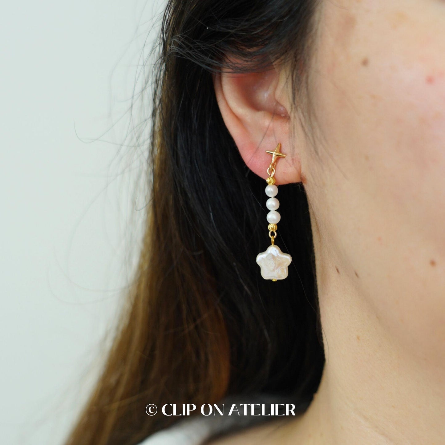 Clip On Earrings Pearl Star Gold Minimalist Bridal Drop Dangle Earrings Celestial Dainty Ear Clips, Non Pierced Ears, Boho Bridemaid Gifts