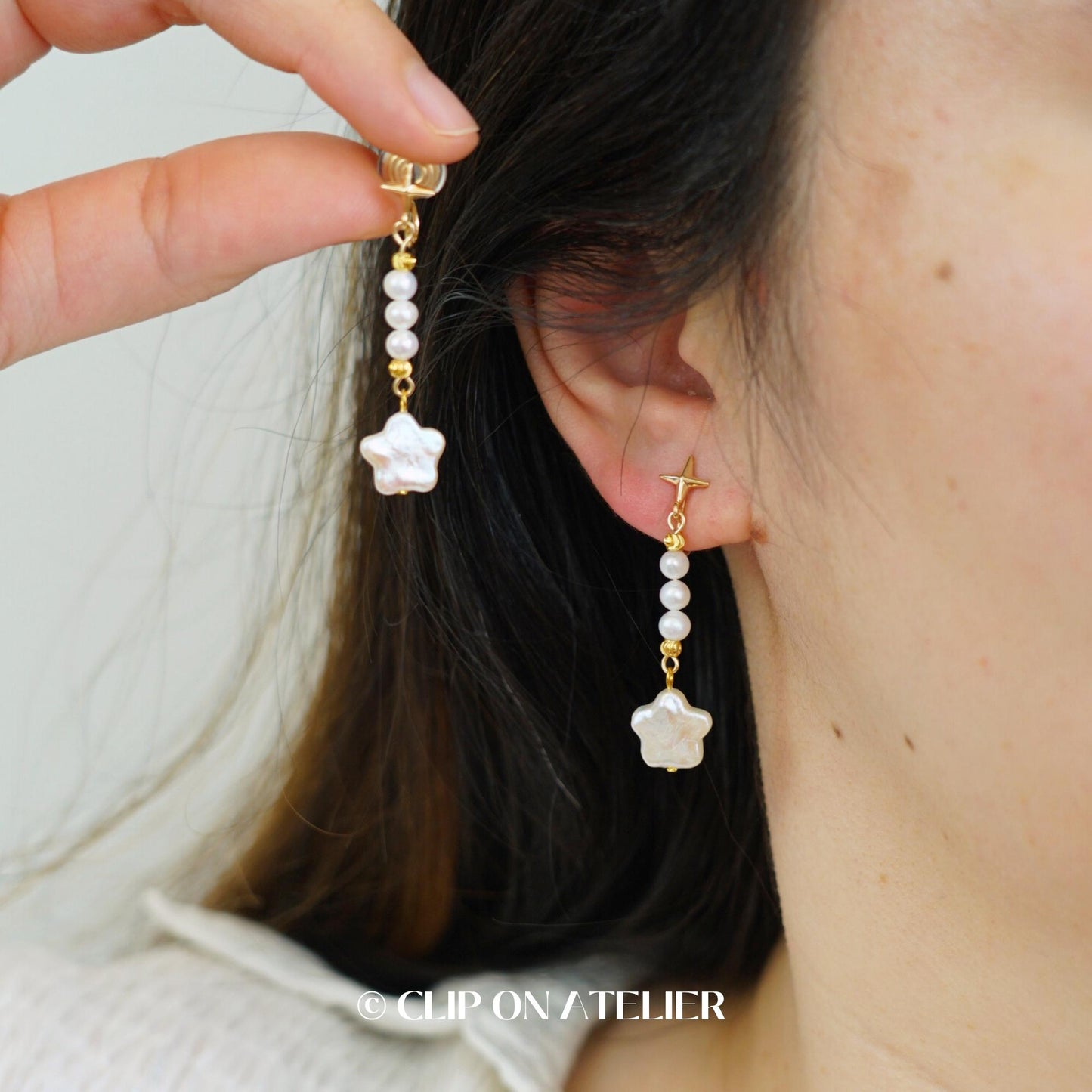 Clip On Earrings Pearl Star Gold Minimalist Bridal Drop Dangle Earrings Celestial Dainty Ear Clips, Non Pierced Ears, Boho Bridemaid Gifts