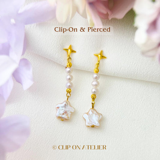 Clip On Earrings Pearl Star Gold Minimalist Bridal Drop Dangle Earrings Celestial Dainty Ear Clips, Non Pierced Ears, Boho Bridemaid Gifts